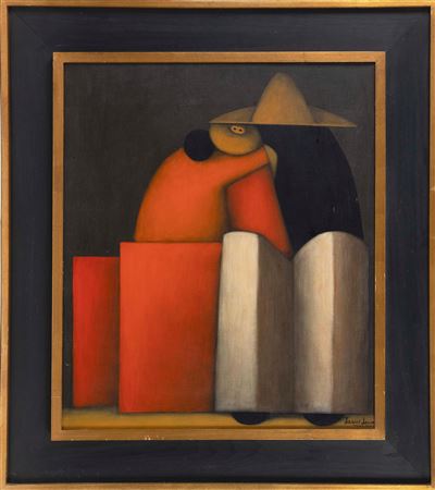 Two figures against a wall.