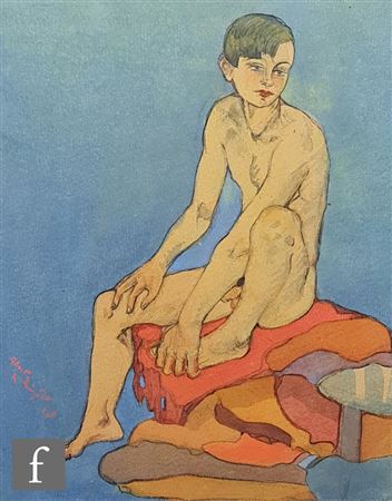 Naked youth seated on cushions