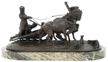 Three Horses Pulling Three Figures in a Sleigh