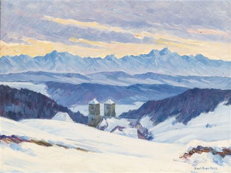 Föhnstimmung'. Blick auf den tief verschneiten 'Schellenberg auf die Kirche in Herrischried'