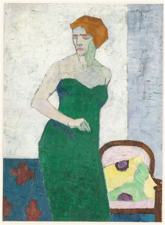 Interieur mit einer Dame in langem, grünem Abendkleid