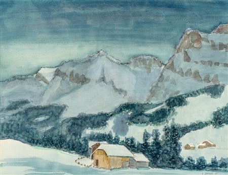 Tief verschneite Gebirgslandschaft mit verstreut liegenden Gehöften