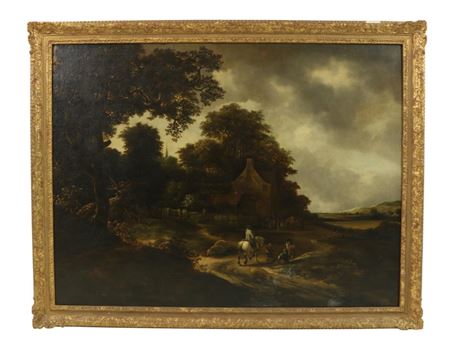 WOODED LANDSCAPE WITH FIGURES AND ANIMALS NEAR A FARM
