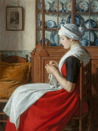 An Amsterdam Orphan Girl Knitting in an Interior