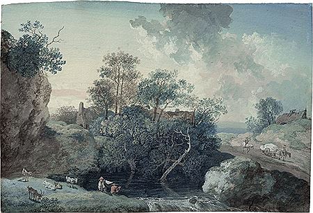 Hilly landscape with a farmstead; rocky landscape with goatherds at a small waterfall near a pond (pair)