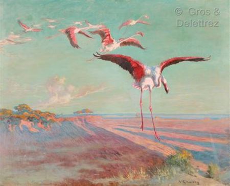 Flight of flamingos over a lake, Tunisia