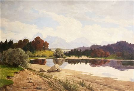 View of a pre-alpine lake with a mountain panorama by Lothar Rudolf Meilinger - Auction record, sale price, and art valuation. Compare with similar artists and explore comparable artworks.