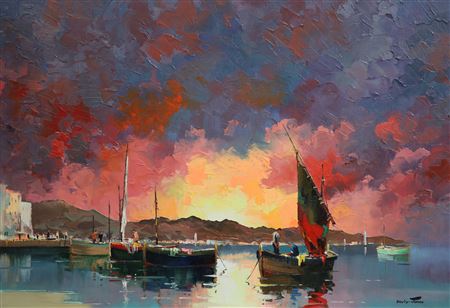 Fishing boats in harbour at sunset