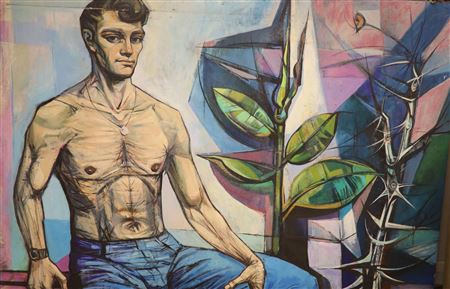 Man seated beside house plants by Paul Holmes - Auction record, sale price, and art valuation. Compare with similar artists and explore comparable artworks.