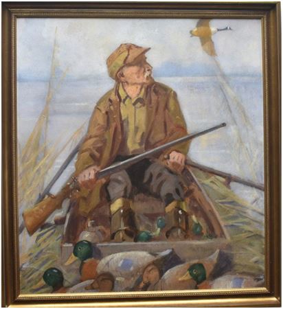 Hunter in duck boat, filled with decoys holding double barrel percussion gun by Reginald Bolles - Auction record, sale price, and art valuation. Compare with similar artists and explore comparable artworks.