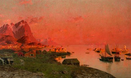 The fishing village Reine in Lofoten in the midnight sun
