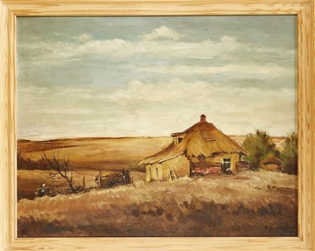 Farmhouse in a wide, probably Russian landscape