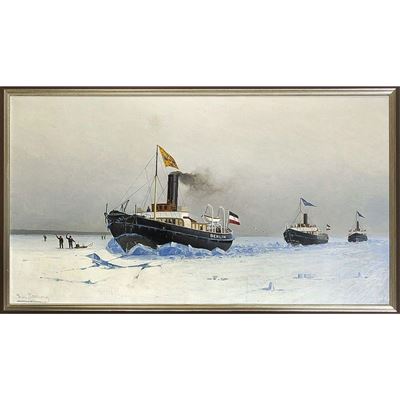 Kaiser Wilhelm II. auf dem Eisbrecher ''Berlin'' im Stettiner Haff, Ansicht der drei Eisbrecher der Stettiner Vulcanwerft auf der Fahrt von Swinemünde nach Stettin am 13. Januar 1891 mit Kaiser Wilhelm II. auf der Brücke der ''Berlin''
