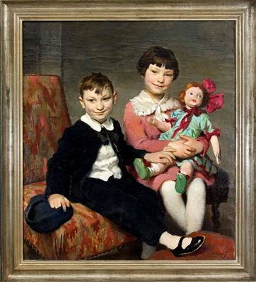Doppelportrait eines Geschwisterpärchens mit Puppe