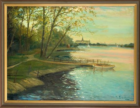 View across a lake to a castle in the evening by Ragnar Swahn - Auction record, sale price, and art valuation. Compare with similar artists and explore comparable artworks.