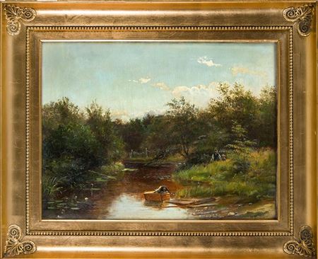 Small body of water in summer with a cat curiously looking into a box and two figures in the background
