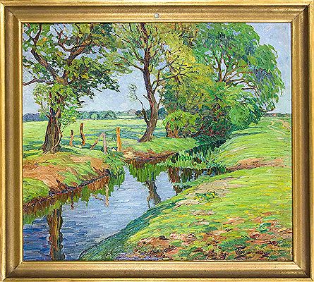 Summer pasture sheep near Fischerhudet with trees by the water by Bertha Schilling - Auction record, sale price, and art valuation. Compare with similar artists and explore comparable artworks.