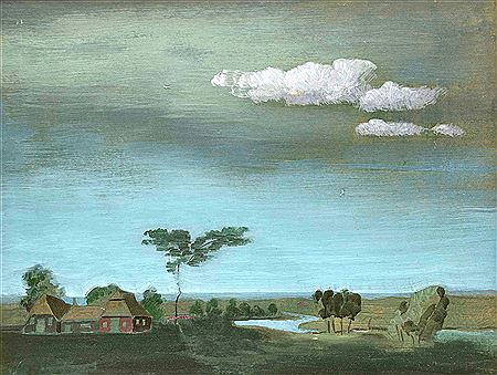 Picture draft in the 1.stage (1985), wide north German river landscape with farmer's cottage