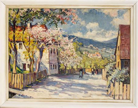 Village street with staffage figures on a summer day