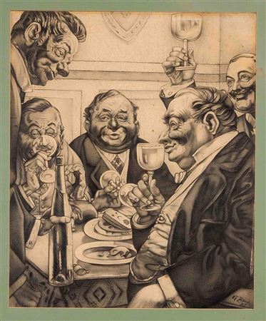 Round of men and waiters in a restaurant