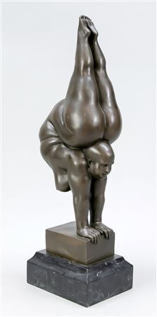 Fat bald woman in handstand