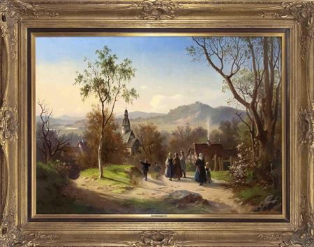 Sunday morning in a Hessian village, view from a hill with peasants in traditional costume going to church