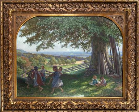 Dancing children's round under an old lime tree with view of a wide landscape