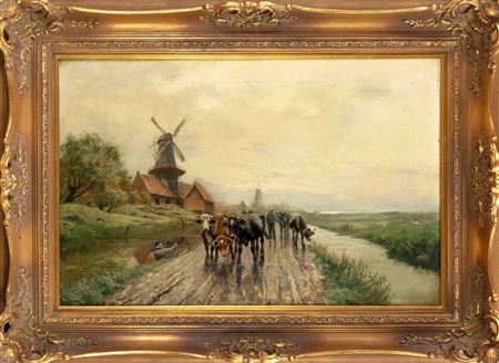 Dutch landscape with cows and windmills
