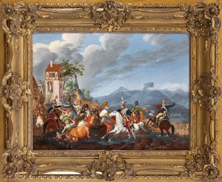 'Horsemen's skirmish between Austrians and Poles during the Napoleonic Wars in an Alpine village'