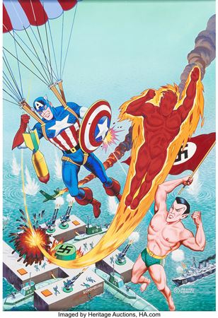 Alex Schomburg Overstreet Comic Book Price Guide #10 Cover Captain America, the Human Torch, and the Sub-Mariner Original Art (Overstreet, 1980) by Alex Schomburg - Auction record, sale price, and art valuation. Compare with similar artists and explore comparable artworks.
