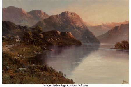 Sunset river with cottage