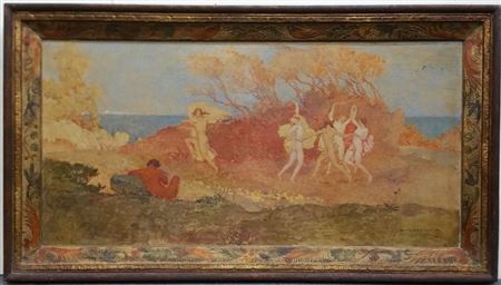 Allegorical Frolicking Female Nudes Autumn Landscape