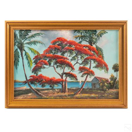 Early natural Florida landscape with river and red Poinciana tree at center by Lemuel Newton - Auction record, sale price, and art valuation. Compare with similar artists and explore comparable artworks.