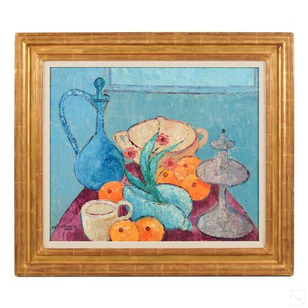 A still life with oranges in blues and purple