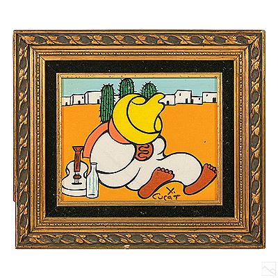 Sleeping man, with his guitar, his bottle, and a cactus behind him by Xavier Cugat - Auction record, sale price, and art valuation. Compare with similar artists and explore comparable artworks.