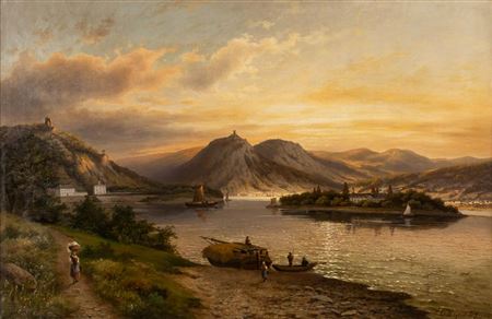 Rhine landscape with Rolandseck Castle, Nonnenwerth Island and Siebengebirge with Drachenfels Castle