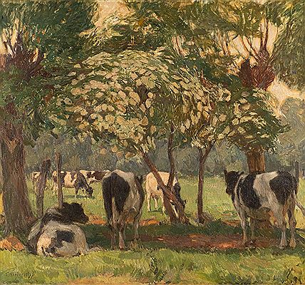 Vaches sous des arbres en fleurs