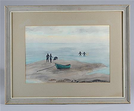 Coastal scene with figures on a beach