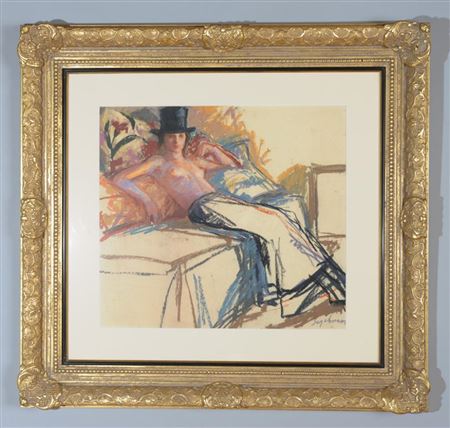 Semi-nude woman in a top hat leaning back against colorful pillows