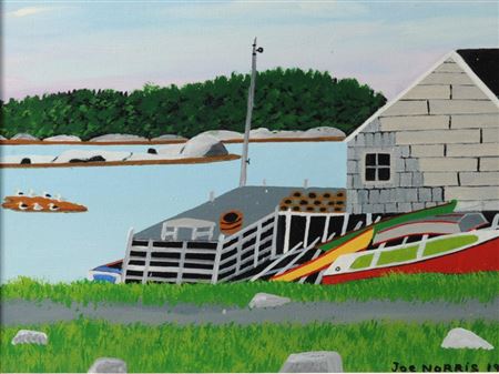 Waterside scene with colorful rowboats, gray clapboard building, dock, and shorebirds
