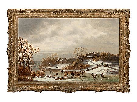 Figures Ice Skating on a Frozen River