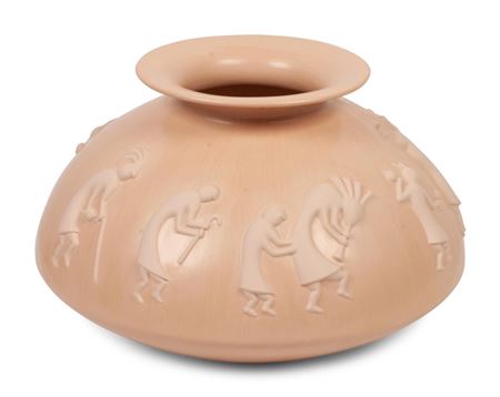 Large Buffware Pottery Jar, With Relief Carved Dancing Figures, 2013