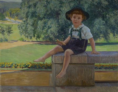 Summerpark Landscape With A Little Boy in Leather Pants