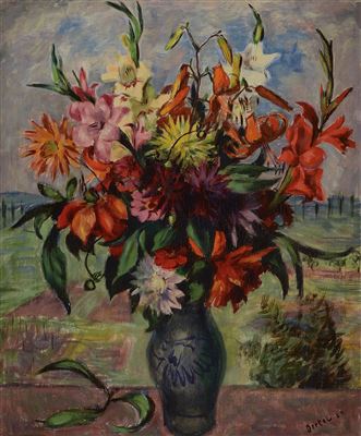Still Life With Flowers in Front of A Landscape