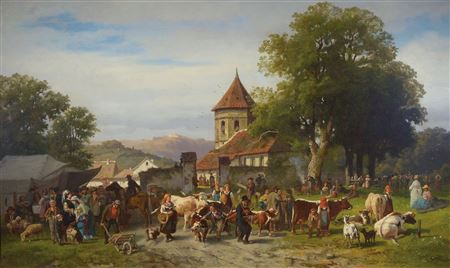 Viehmarkt vor den Mauern der Stadt, vielfigurige lebendige Darstellung mit zahlreichen Personen, Kühen, Ziegen und Schafen