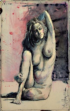 Nina in Blau vor rosa Wand
