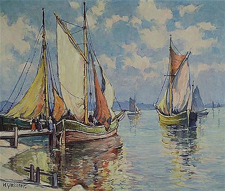 Sailing ships in the harbor with staffage