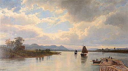 Fishing boats and rafter on the Rhein by Ernest Julius Preyer - Auction record, sale price, and art valuation. Compare with similar artists and explore comparable artworks.