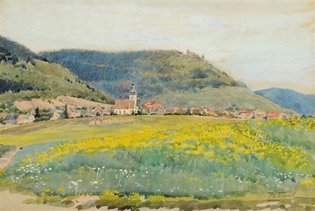 Blick auf ein Dorf und eine Burg in der Pfalz