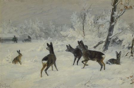 "Hungrige Gäste ", winterlich verschneite Landschaft mit Rehen und Hase, im Hintergrund Jäger mit Schlitten by Wilhelm Grabhein - Auction record, sale price, and art valuation. Compare with similar artists and explore comparable artworks.